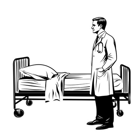 vector drawing doctor standing near hospital bed .Generative AIのイラスト素材