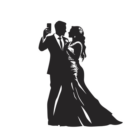 vector silhouette of newlyweds taking selfie on phone .Generative AIのイラスト素材