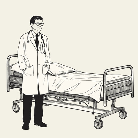 vector drawing doctor standing near hospital bed .Generative AIのイラスト素材