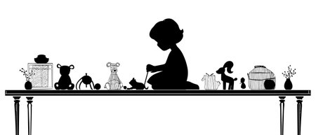 vector silhouette girl playing with toys at table on white .Generative AIのイラスト素材