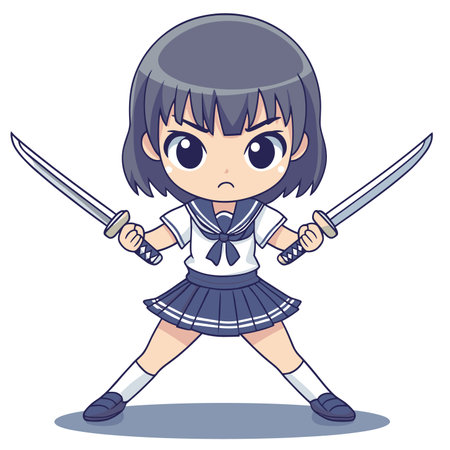 vector drawing little girl with swords on white .Generative AIのイラスト素材