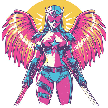 Superhero woman with wings. Vector illustration for t-shirt design.のイラスト素材