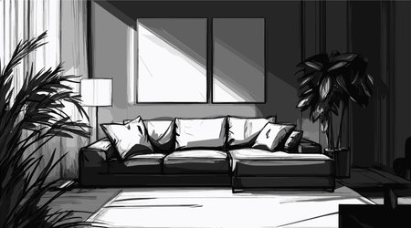 vector drawing black and white interior with sofa .Generative AIのイラスト素材