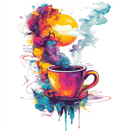 Coffee cup with colorful smoke and sun. Vector illustration.のイラスト素材