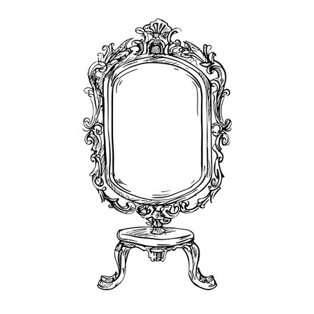 vector drawing sketch of an old mirror on a white background .Generative AIのイラスト素材