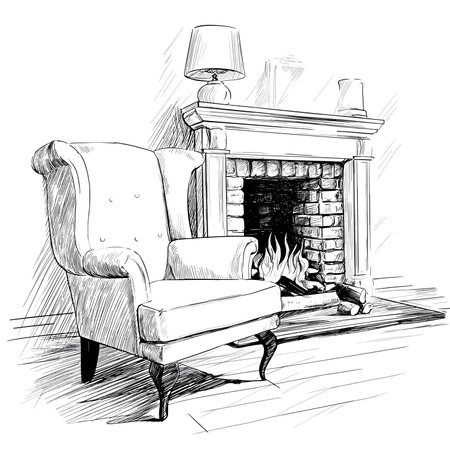 vector sketch armchair stands near fireplace on white background .Generative AIのイラスト素材