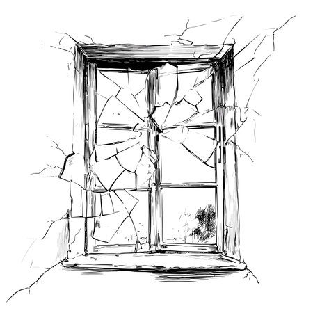 vector sketch window with broken glass on white background .Generative AIのイラスト素材