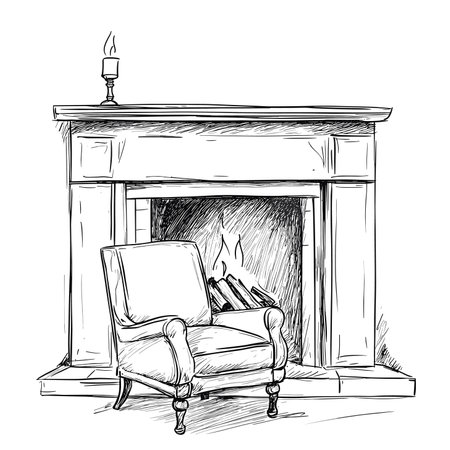 vector sketch armchair stands near fireplace on white background .Generative AIのイラスト素材