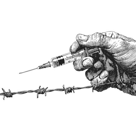 vector sketch hand holding syringe on barbed wire background white background .Generative AIのイラスト素材