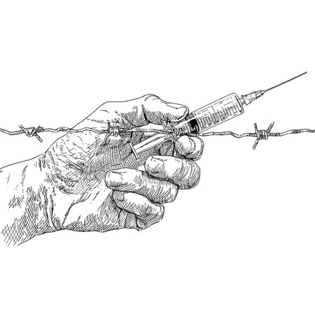 vector sketch hand holding syringe on barbed wire background white background .Generative AIのイラスト素材