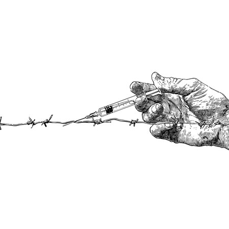vector sketch hand holding syringe on barbed wire background white background .Generative AIのイラスト素材