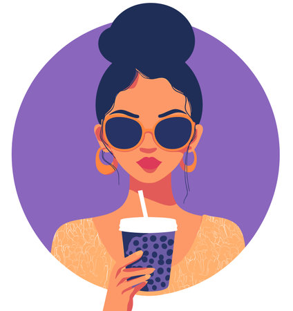 Vector girl in sunglasses with a glass of coffee in her hands .Generative AIのイラスト素材