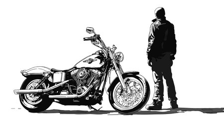 Vector black silhouette of a motorcyclist next to a motorcycle .Generative AIのイラスト素材