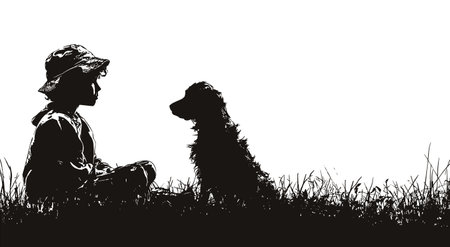 Vector silhouette of a boy and a dog sitting on the grass .Generative AIのイラスト素材