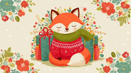 Vector drawing of a fox with gifts .Generative AIのイラスト素材