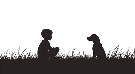Vector silhouette of a boy and a dog sitting on the grass .Generative AIのイラスト素材