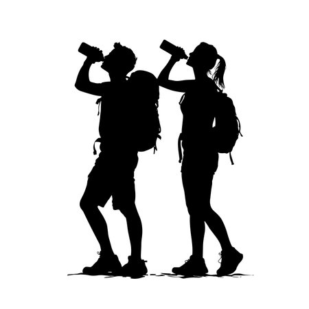 vector silhouette of a man and woman tourists standing drinking water on a white background .Generative AIのイラスト素材
