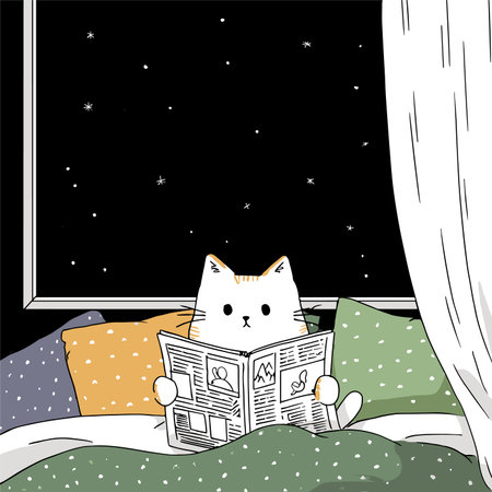vector cat reading newspaper lying in bed .Generative AIのイラスト素材