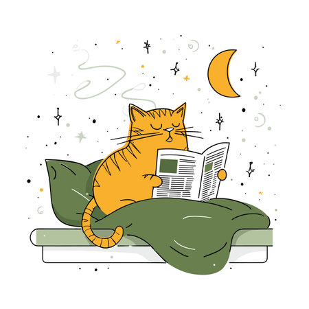 vector cat reading newspaper lying in bed .Generative AIのイラスト素材