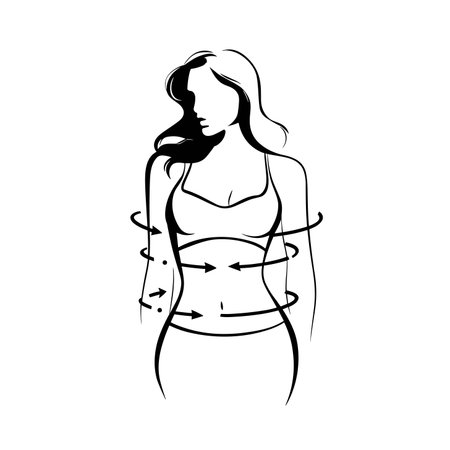 vector girl takes measurements of her figure with black lines on white background .Generative AIのイラスト素材