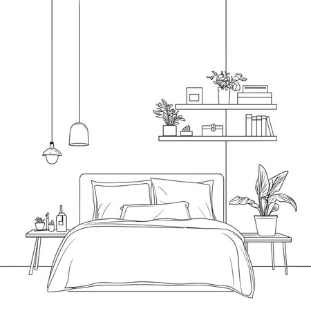 vector bedroom with bed black lines .Generative AIのイラスト素材