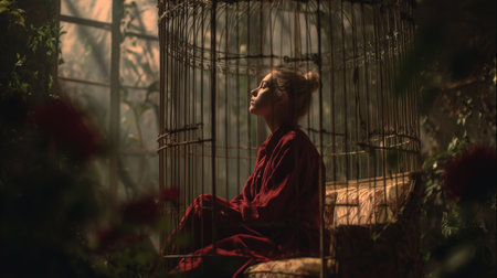 photo beautiful girl sitting in a large cage .Generative AIの素材