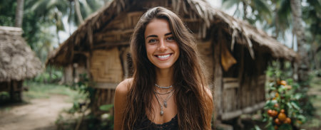 photo beautiful girl against the backdrop of a Thai house.Generative AIの素材