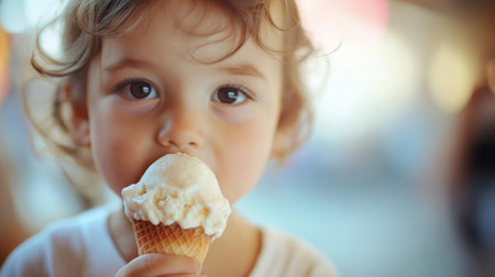A close-up of a small child eating ice cream. Generative AIの素材