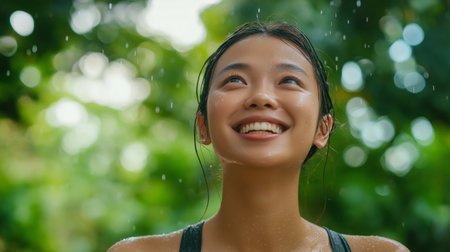 A close-up of an Asian woman's face, smiling and looking up at the sky with her eyes closed, against a lush, natural backdrop. Generative AIの素材