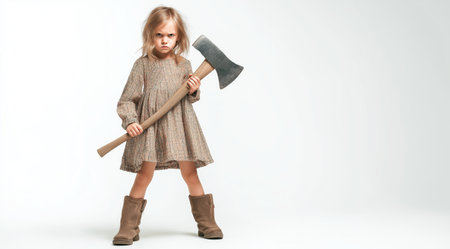 A little girl in a dress stands holding a large ax. Generative AIの素材