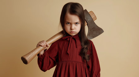 A little girl in a dress stands holding a large ax. Generative AIの素材