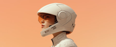 Portrait of a beautiful, smiling blonde woman in a white futuristic robot suit against a background. Generative AI.の素材