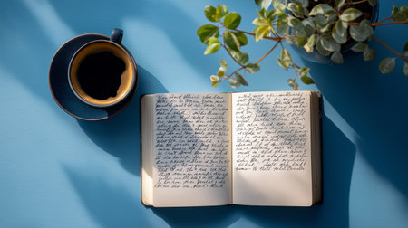 A photograph written in marker on an open notebook, next to a cup of coffee and a plant. Generative AI.の素材