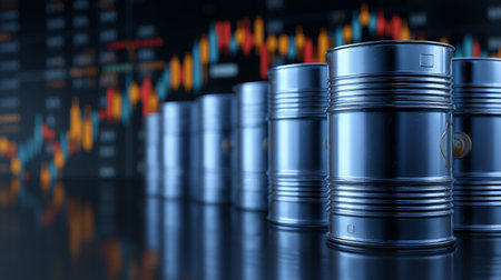 A row of steel barrels of oil against a background of stock charts. Generative AI.の素材