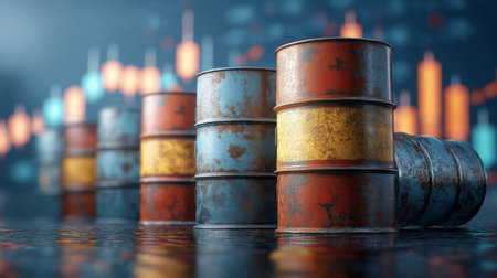 A row of steel barrels of oil against a background of stock charts. Generative AI.の素材
