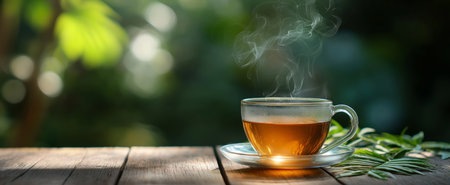 A close-up of a steaming cup of tea on a wooden table against a backdrop of green leaves. Generative AI.の素材