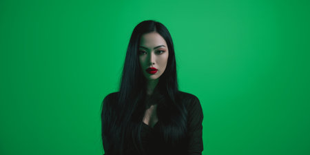 A beautiful woman with long black hair and red lipstick poses for the camera against a green screen. Generative AIの素材