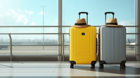 Two suitcases, one yellow, one silver, with a traveling hat. Generative AIの素材