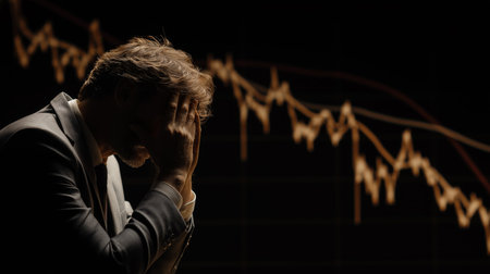 A businessman talking on the phone cries and covers his face with his hand as he looks at the rising stock market chart in front of him. Generative AIの素材