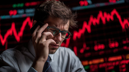 A businessman talking on the phone cries and covers his face with his hand as he looks at the rising stock market chart in front of him. Generative AIの素材