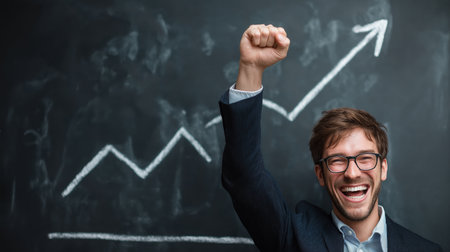 A photograph of a businessman celebrating in front of an upward-moving graph against a chalkboard. Generative AIの素材