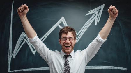A photograph of a businessman celebrating in front of an upward-moving graph against a chalkboard. Generative AIの素材