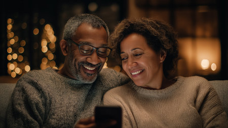 A happy middle-aged couple uses a smartphone at home, sitting on the couch and staring at the phone screen. Generative AIの素材