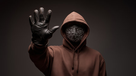 A man wearing a non-luminous brown hoodie, black gloves, and a hood. Generative AIの素材