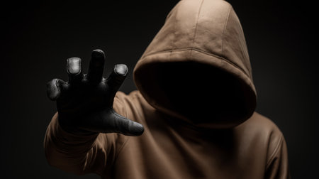 A man wearing a non-luminous brown hoodie, black gloves, and a hood. Generative AIの素材