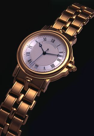 Rich wristwatch in a gold frame with a bangle on black background. Typical luxury image.の写真素材