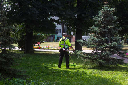 A worker cuts the grass with a grass trimmer