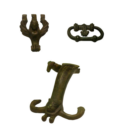 A set of bronze items from the archaic period. Bronze handles, household items in the form of sphinxes and horsesの写真素材