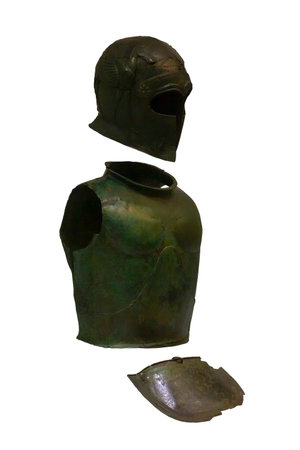 Bronze hamlet of the ''Corinthian'' type with hammered image of two winged horses. Cuirass of rather modest size, perhaps for a child or adolescent, indicative of the military upbringing of youths and rites of passage in Doric Creteの写真素材