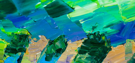 Background of blue and green brushstrokes of oil paints close-upの写真素材